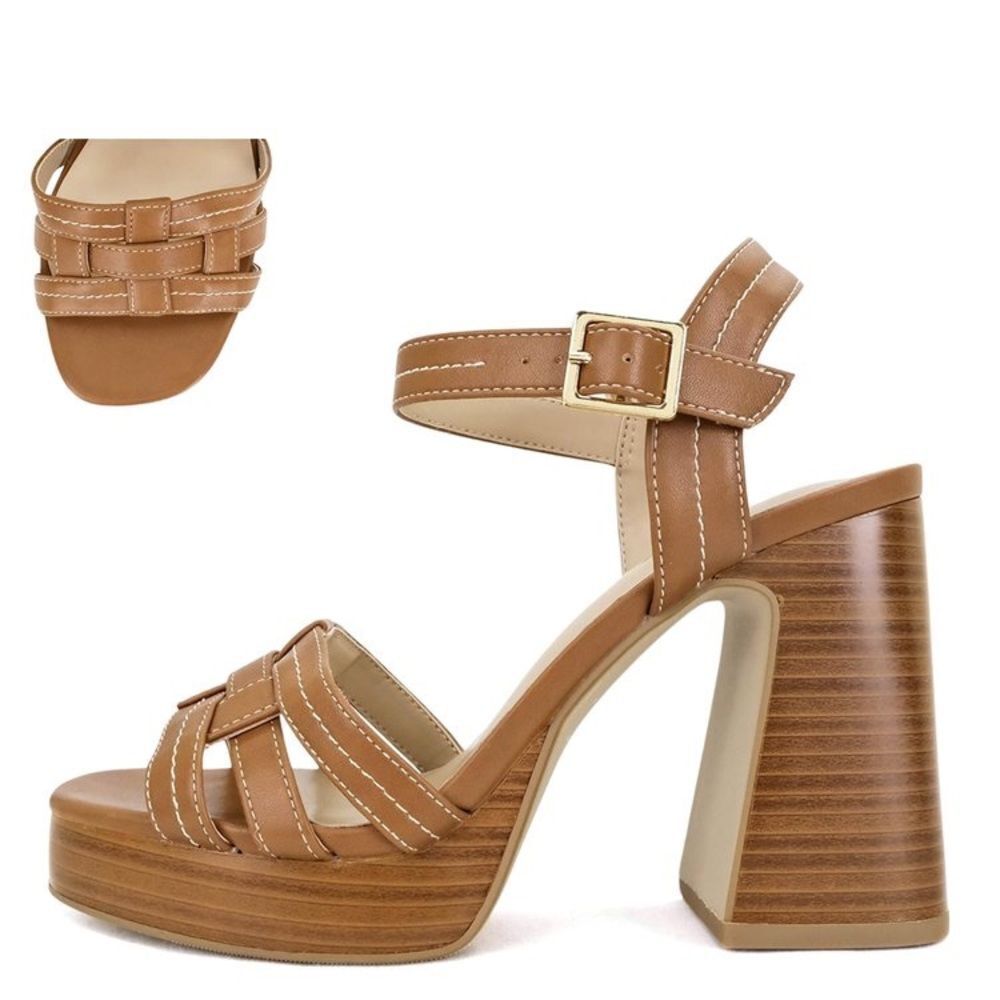 TAN TRIM PLATFORM WOOD WEDGE HEEL - NON-BRANDED - Picture 4 of 7